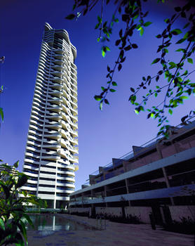 The tower seen from swimming pool and garden