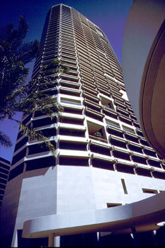 View up at the tower with sunshades
