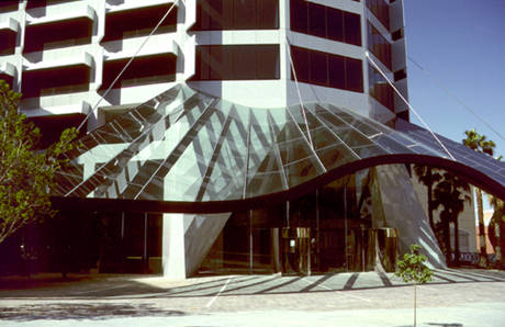 Suspended glass entrance canopy