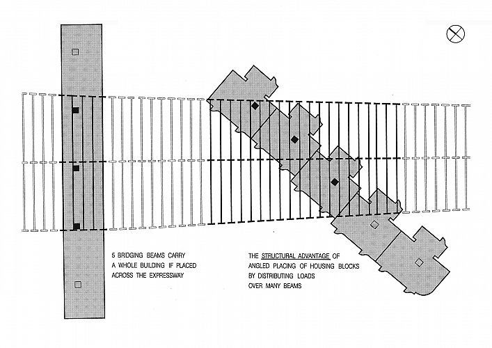 Structural advantage results from diagonal placing over expressway covering