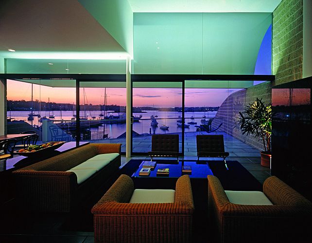 Living room and terrace facing Sydney Harbour