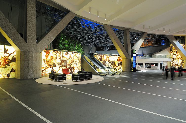 Lower Lobby with internally illuminated Onyx Wall