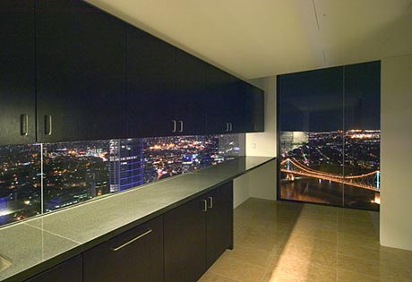 Kitchen showing slot window and view over Brisbane's Storey Bridge