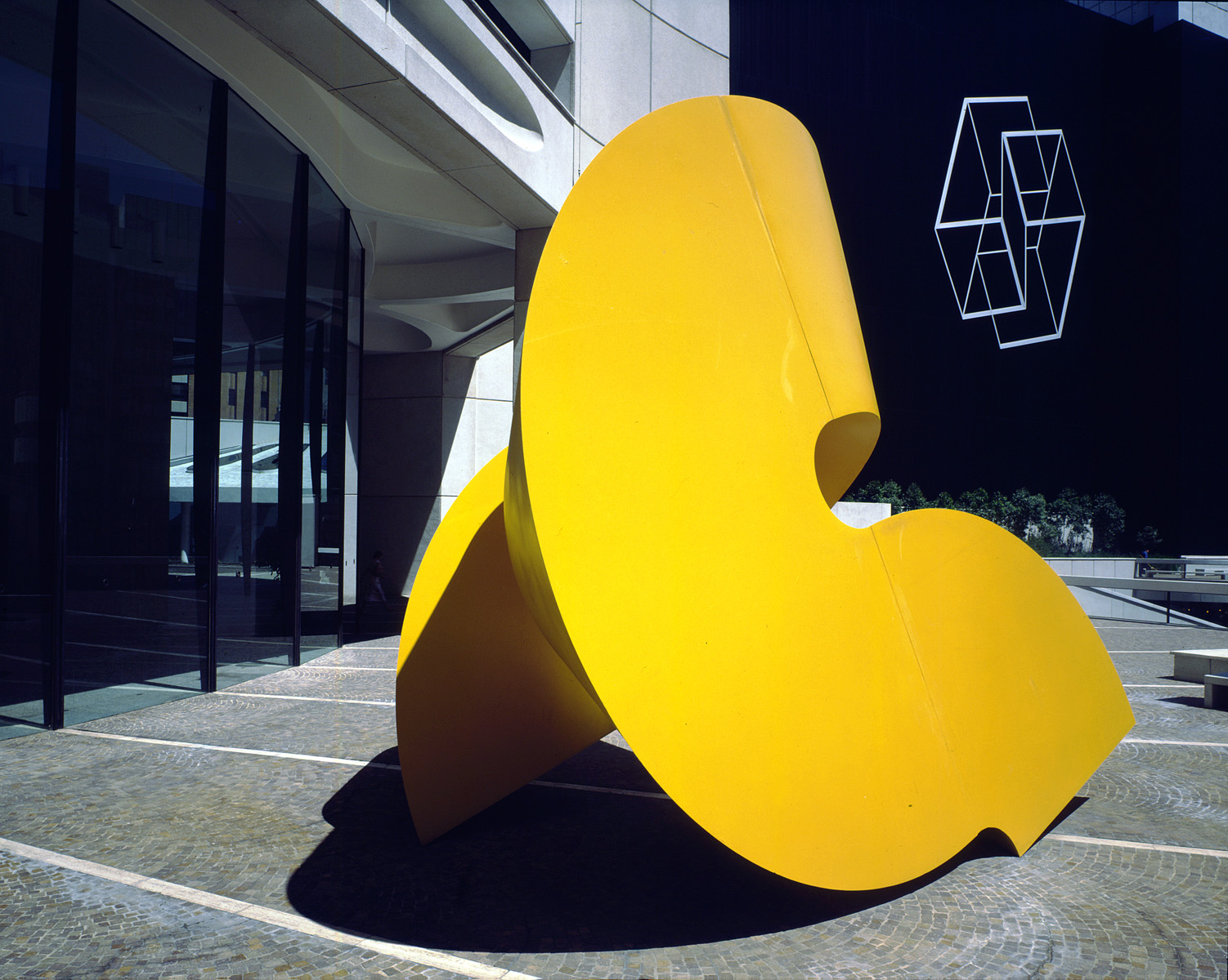 Albers structural installation 'Wrestling' behind a Charles Perry scupture on MLC's plaza