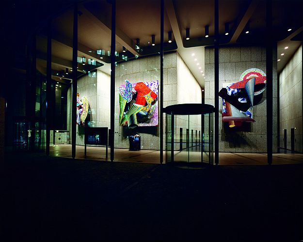 The North Lobby with Frank Stella artworks at night