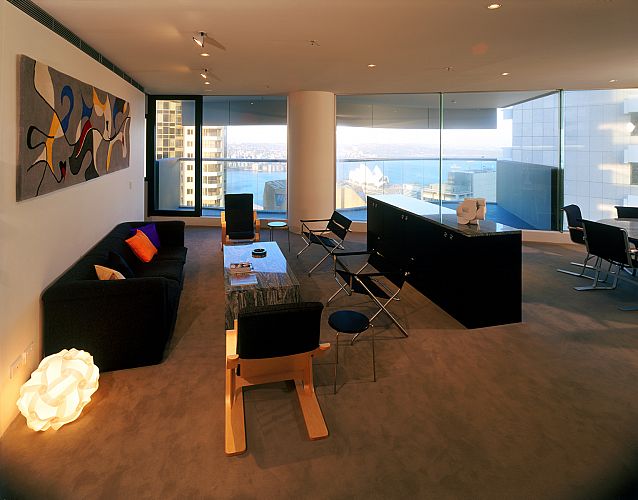 Living room with north-east view toward harbour and Sydney Opera House