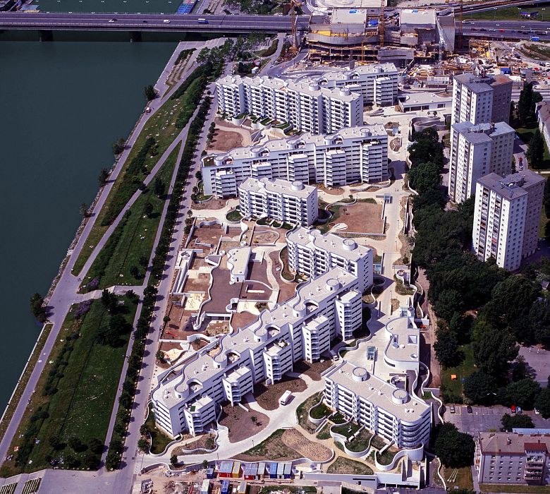 Aerial view of diagonal placing of apartment blocks